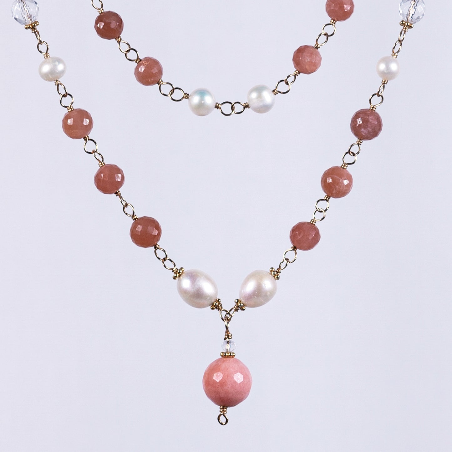 Peach Sunstone, Quartz Crystal & Pearl Necklace (Prasad)