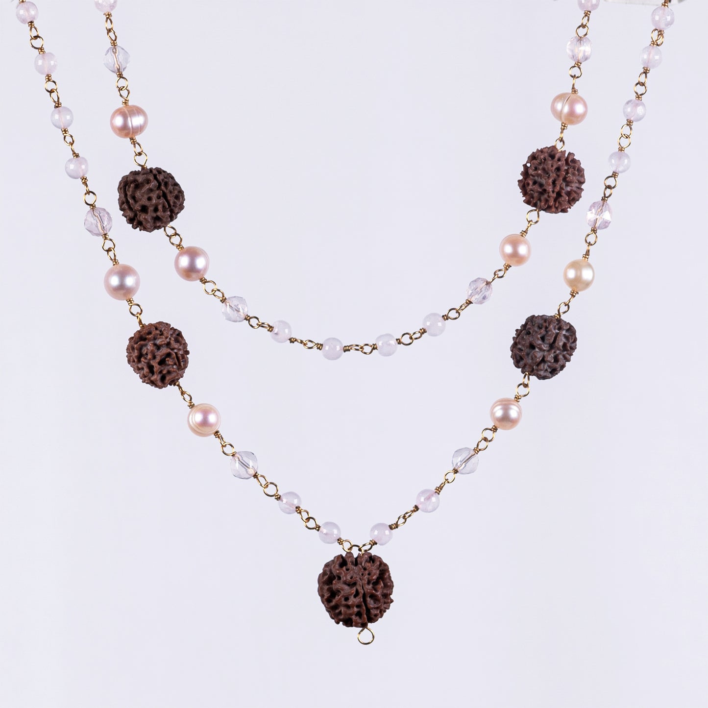 Rose Quartz, Pearl, Crystal & Amritapuri-Rudraksha Necklace (Prasad)