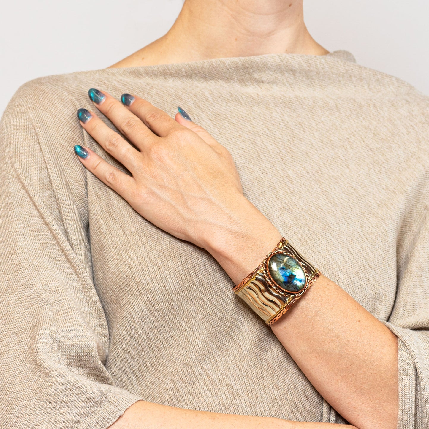 Devi Tri-Metal Oval-Stone Cuff