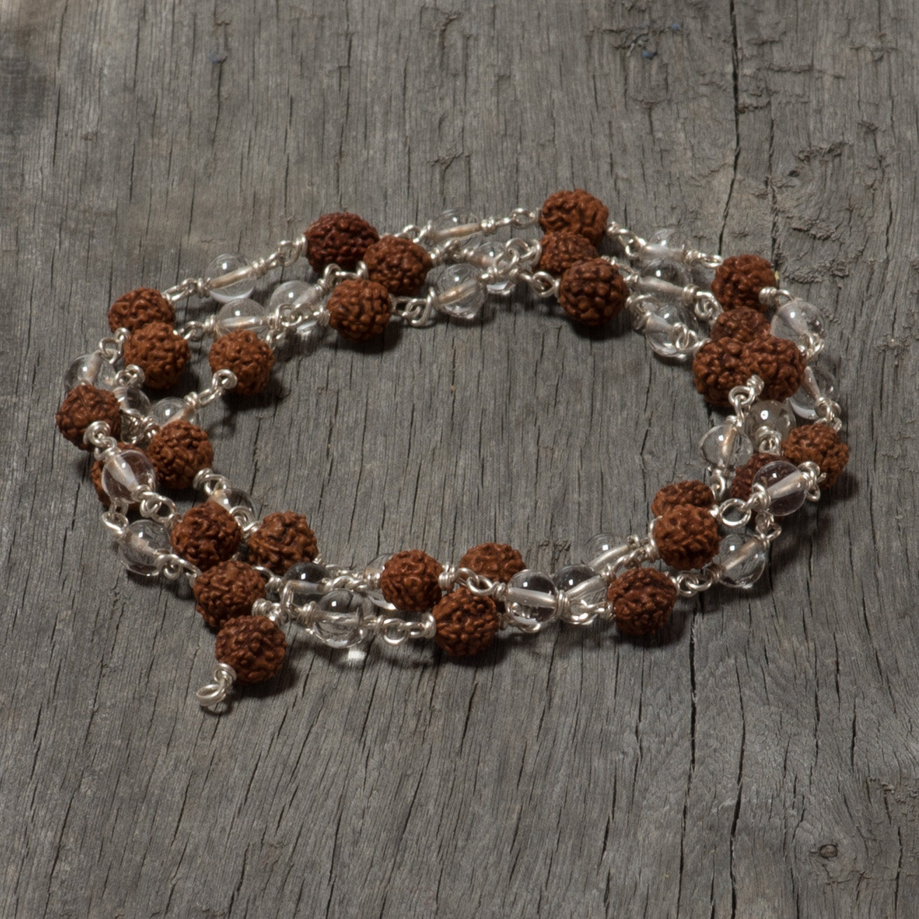 Rudraksha And Quartz Crystal Mala - 54 beads On Silver Wire