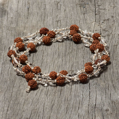 Rudraksha And Quartz Crystal Mala - 54 beads On Silver Wire