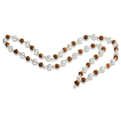 Rudraksha And Quartz Crystal Mala - 54 beads On Silver Wire
