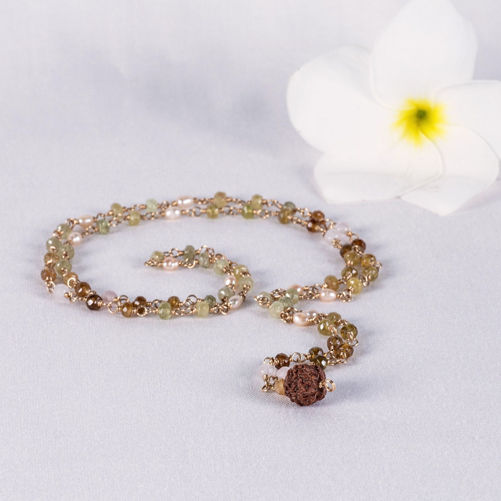 Rutilated Peridot, Pink Pearl & Rudraksha Necklace