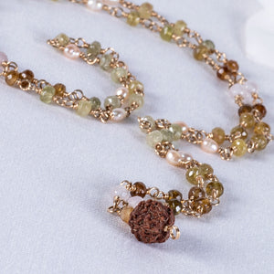 Rutilated Peridot, Pink Pearl & Rudraksha Necklace