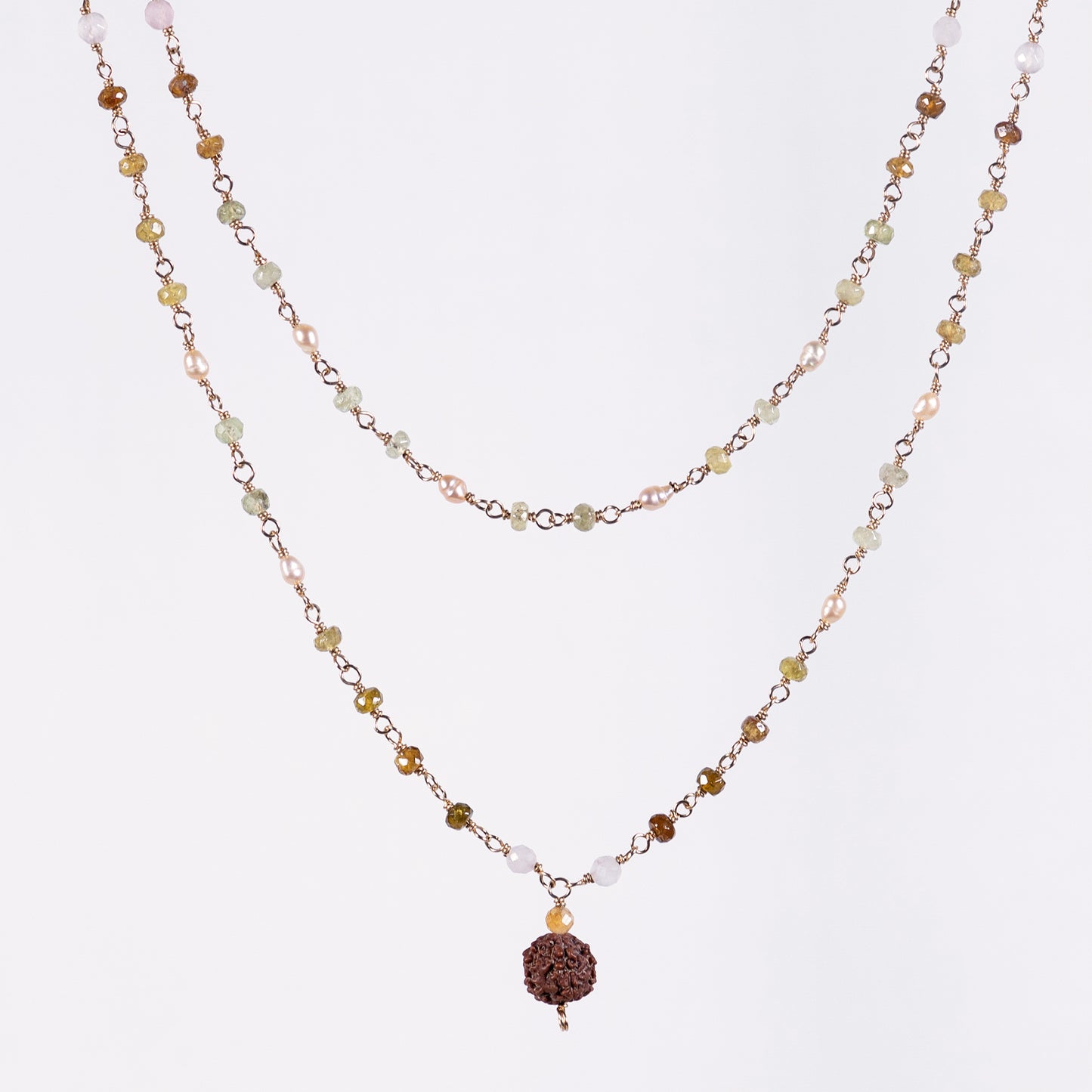 Rutilated Peridot, Pink Pearl & Rudraksha Necklace