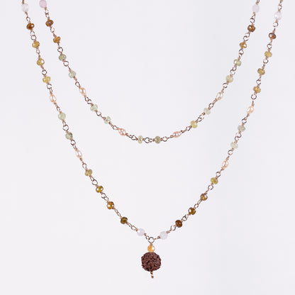 Rutilated Peridot, Pink Pearl & Rudraksha Necklace