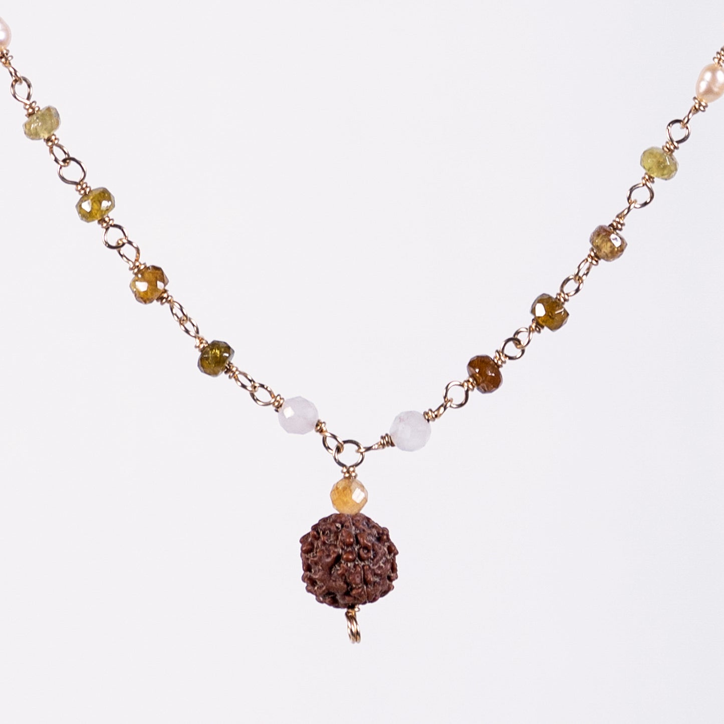 Rutilated Peridot, Pink Pearl & Rudraksha Necklace