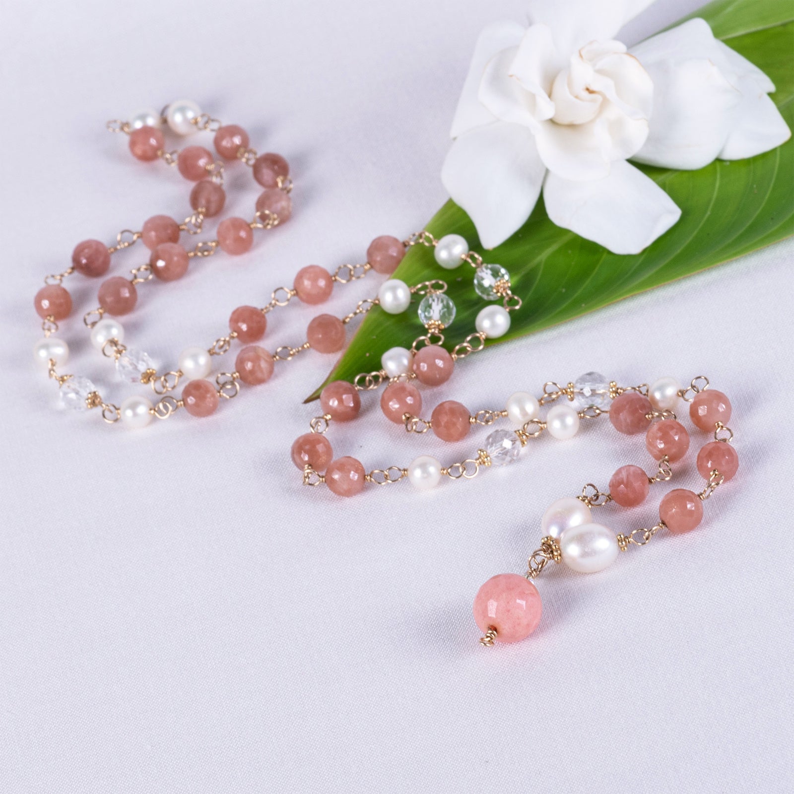 Peach Sunstone, Quartz Crystal & Pearl Necklace (Prasad)