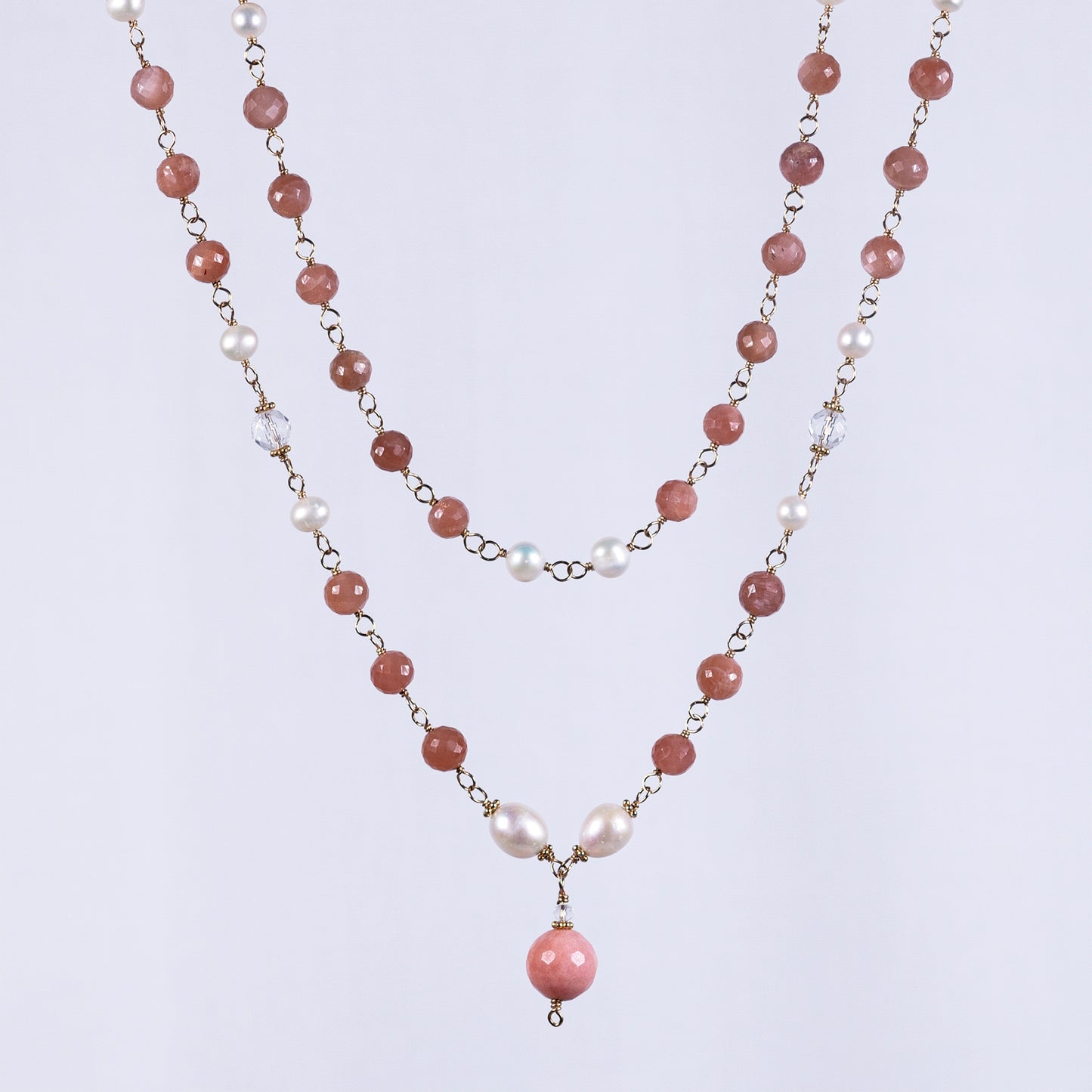 Peach Sunstone, Quartz Crystal & Pearl Necklace (Prasad)