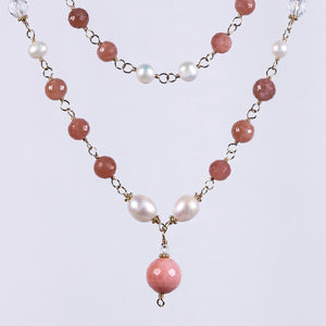 Peach Sunstone, Quartz Crystal & Pearl Necklace (Prasad)