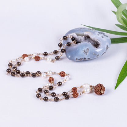 Smoky Quartz, Pearl & Rudraksha Necklace