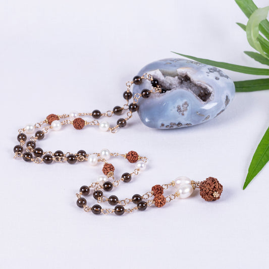 Smoky Quartz, Pearl & Rudraksha Necklace