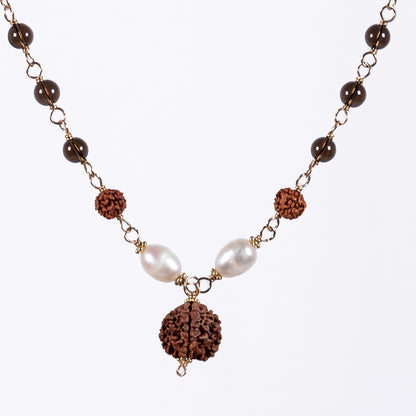 Smoky Quartz, Pearl & Rudraksha Necklace