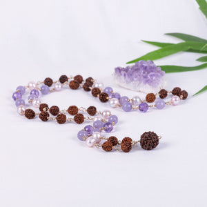 Lavender Agate, Amethyst, Pearl & Rudraksha Necklace (Prasad)
