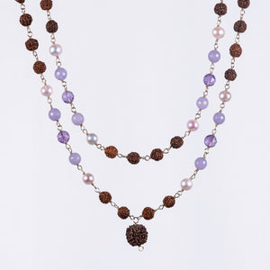Lavender Agate, Amethyst, Pearl & Rudraksha Necklace (Prasad)