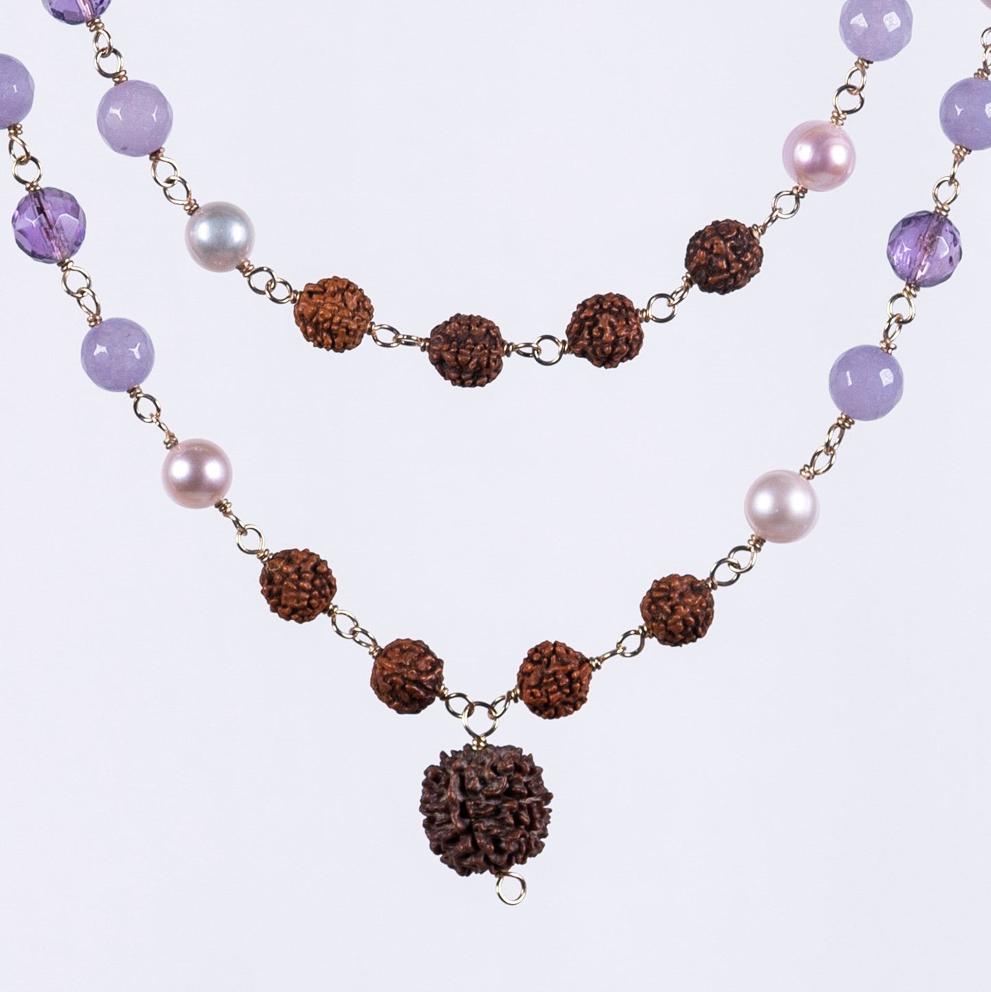 Lavender Agate, Amethyst, Pearl & Rudraksha Necklace (Prasad)