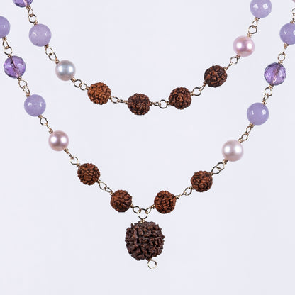 Lavender Agate, Amethyst, Pearl & Rudraksha Necklace (Prasad)