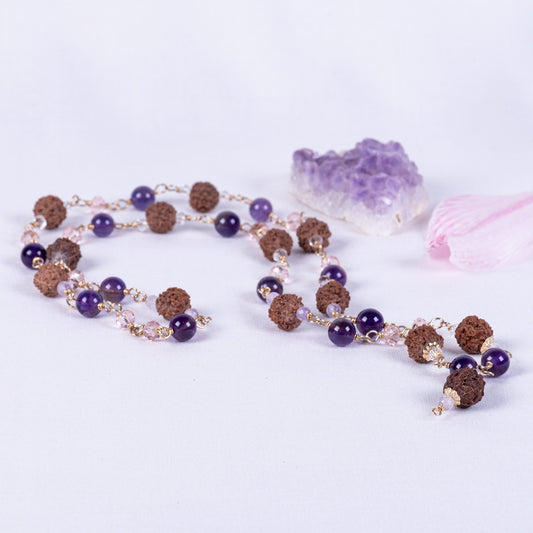 Amethyst, Glass Crystal & Amritapuri-Rudraksha Necklace (Prasad)