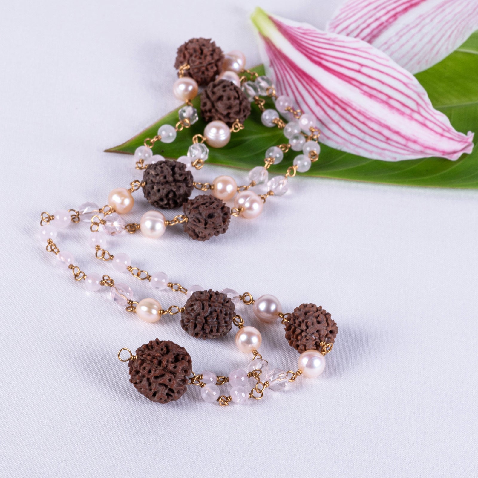Rose Quartz, Pearl, Crystal & Amritapuri-Rudraksha Necklace (Prasad)