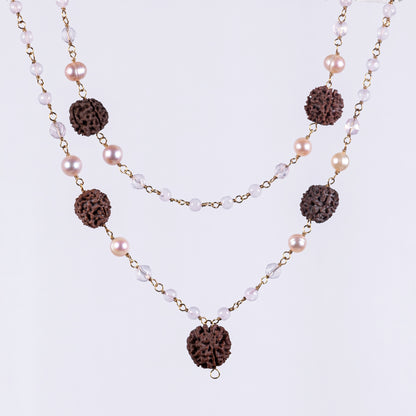 Rose Quartz, Pearl, Crystal & Amritapuri-Rudraksha Necklace (Prasad)